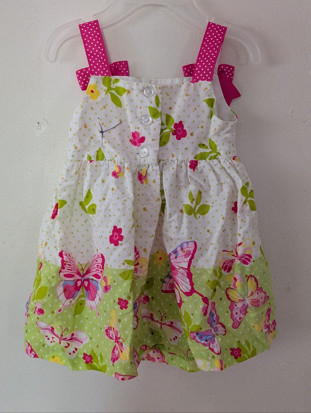 Bonnie Baby Butterfly Cotton Dress Pink & White Polka Dot Ribbon Straps - Picture 6 of 7